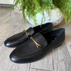 Calvin Klein Women Sommiya Black Leather Loafers with Gold Tone Bit